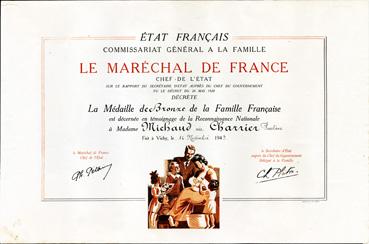 Iconographie - Certificat de la médaille de bronze de la Famille Française
