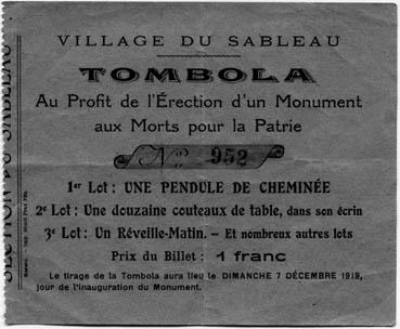 Iconographie - Ticket de tombola pour le monument aux Morts du Sableau