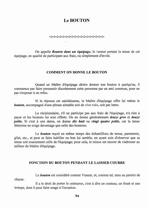 Partition - Manuel du sonneur - 5 - Une approche du ton de vènerie - Le Bouton - Comment on donne le Bouton - Fonction du Bouton pendant le laisser-courre 1 sur 2