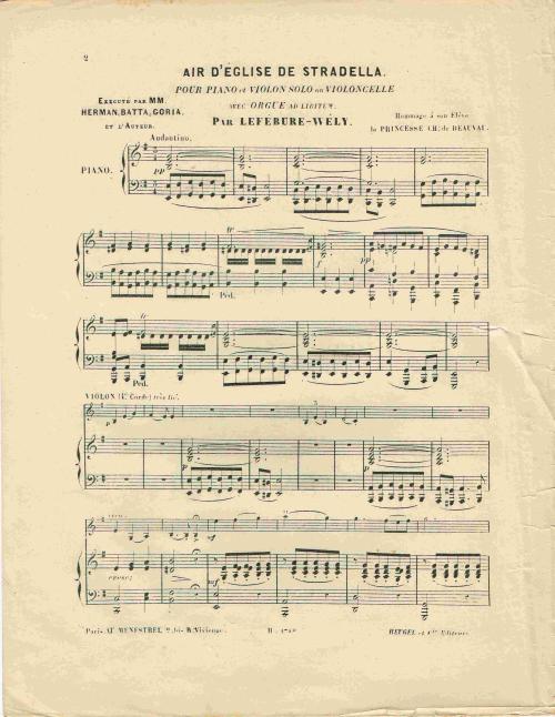 Partition - Air d'église  Piano, violon solo ou violoncelle avec orgue ad libitum par Lefébure-Wély -Exécuté par MM. Herman, Batta, Goria et l'Auteur - Piano et violon - 2sur8