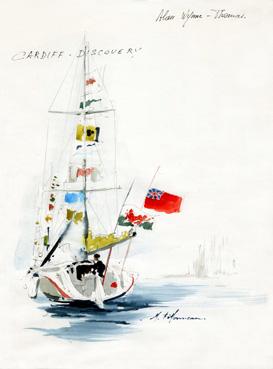 Iconographie - Le Cardiff Discovery d'Alan Wyme-Thomas, au ponton du Vendée Globe, selon Maurice Fillonneau