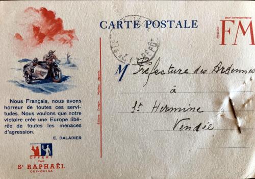 Iconographie - Carte postale adressée au préfet des Ardennes à Sainte-Hermine