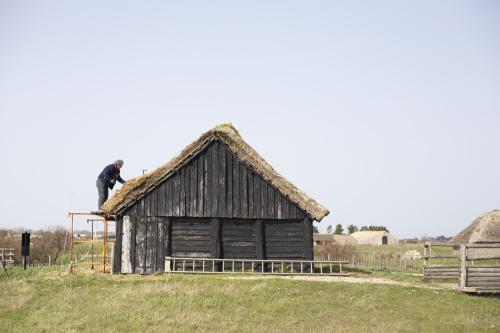 Iconographie - Chaumier travaillant à la réfection de la toiture d'une salorge