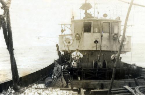 Iconographie - Travail sur le pont d'un chalutier fécampois en pêche