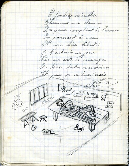 Iconographie - Page du cahier de chants de Roland Lemesle - La prison