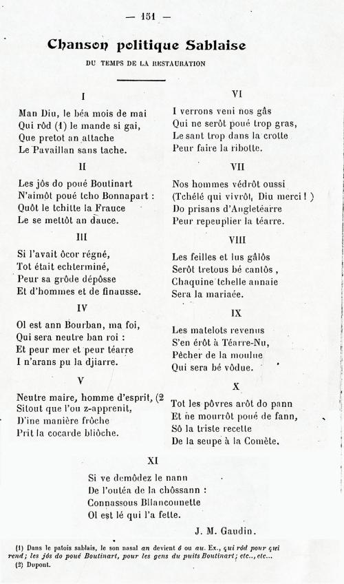 Manuscrit - Chanson politique sablaise du temps de la restauration