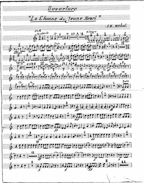 Partition - Chasse du Jeune Henri (La) - 1sur2 - Ouverture  - Étude trompe-cor-violon manuscrite