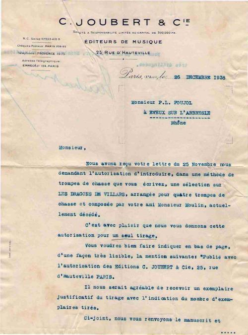 Partition - Autorisation des Éditions Joubert & Cie pour "Les Dragons de Villars" - Lettre dactylographiée