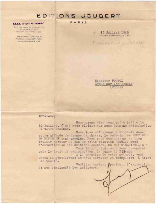 Partition - Autorisation des Éditions Joubert & Cie pour "Les Pompiers de Nanterre" - Lettre dactylographiée