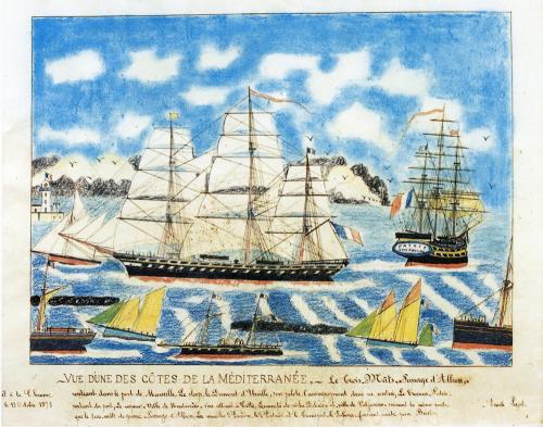Iconographie - Vue d'une côte de la Méditerranée - Le trois-mâts Passage d'Albion