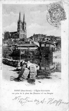 Iconographie - L'église Saint-André vue prise de la place des Ormeaux et rue Baugier