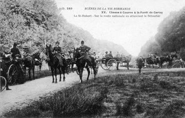 Iconographie - Chasse à courre en forêt de Cerisy - La Saint-Hubert - Sur la route nationale