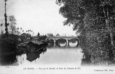 Iconographie - Vue sur la Sarthe, le pont du chemin de fer