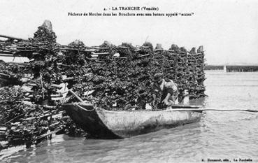 Iconographie - Pêcheur de moules dans les bouchots avec son bateau appelé "accon"