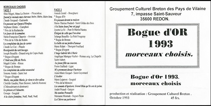 Chants traditionnels de Haute-Bretagne, Bogue d'or 1993