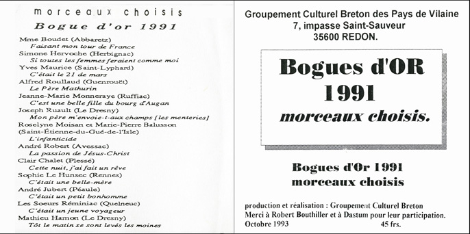 Chants traditionnels de Haute-Bretagne, Bogue d'or 1991