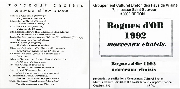 Chants traditionnels de Haute-Bretagne, Bogue d'or 1992
